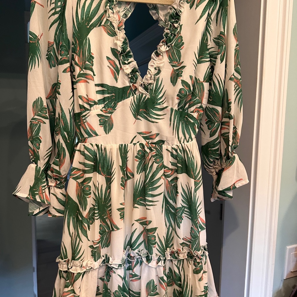 Tropical Green and Cream Ruffle Dress L